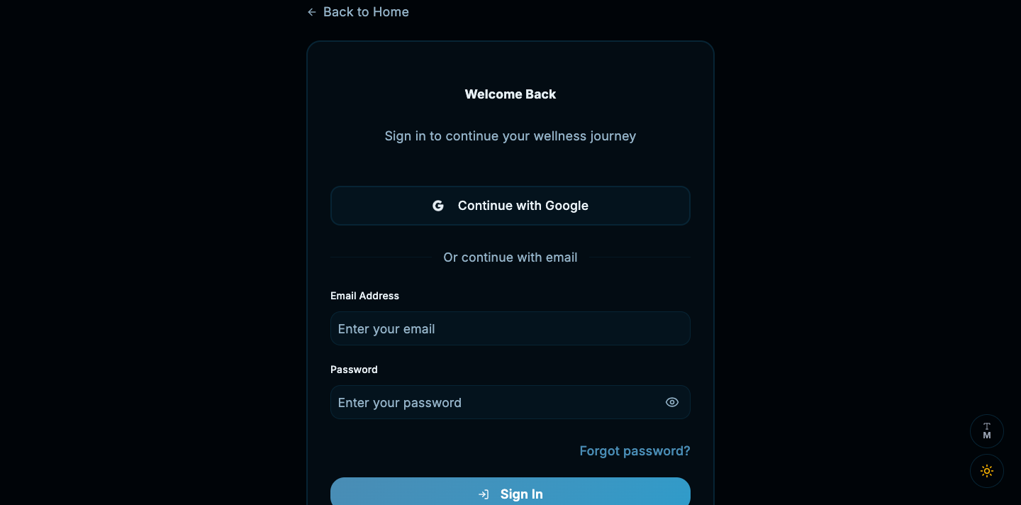 Dark sign-in screen with Google sign-in, email input, password input, forgot password link, and sign-in button