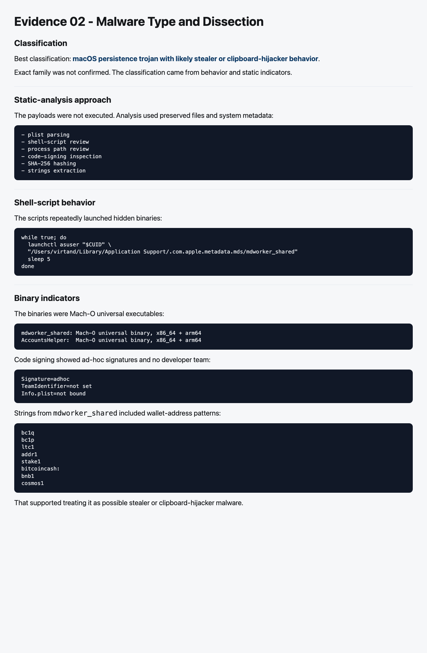 Evidence page for macOS malware classification, static analysis, shell-script behavior, binary indicators, and code signing