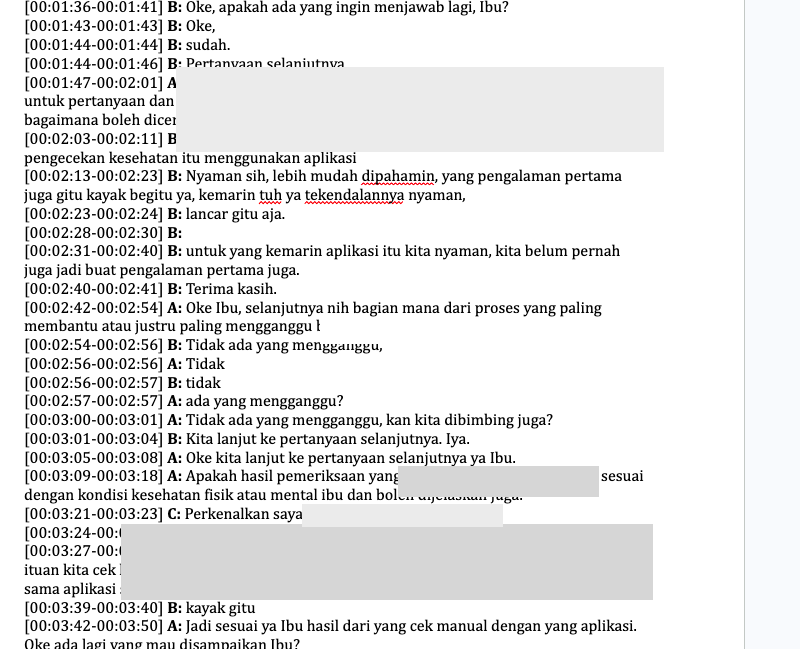 Redacted transcript screenshot with censored participant details and timestamped speaker turns